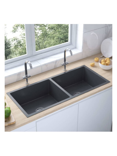 Sonata Ръчно изработена кухненска мивка с цедка, черна, инокс