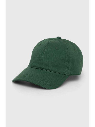 Памучна шапка с козирка Lacoste в зелено с изчистен дизайн