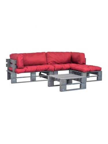 Sonata Градински мебели от палети 4 части червени възглавници FSC бор