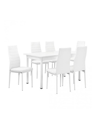 Гарнитура за трапезария с 6 стола Turku140 x 60 cm, изкуствена кожа, за шестима, Бяла