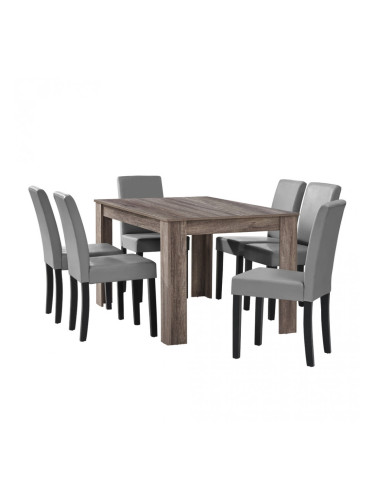 Комплект маса за хранене с 6 тапицирани стола  Nora  140 x 90 cm Дъб/Тъмнокафяв/Светлосив