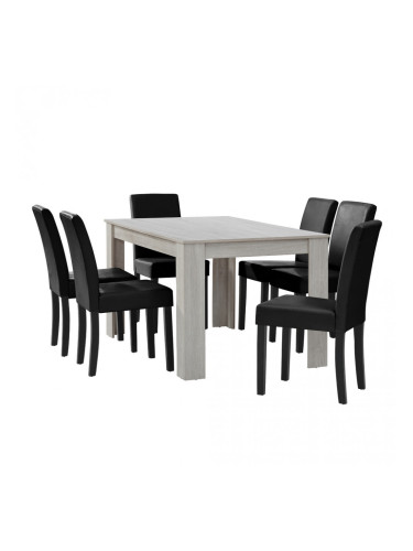 Комплект маса за хранене с 6 тапицирани стола  Nora  140 x 90 cm Дъб/Бял/Черен