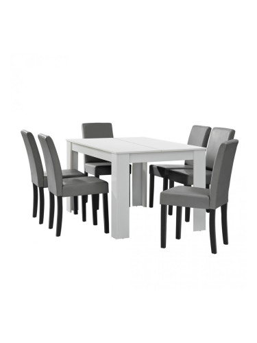 Комплект маса за хранене с 6 тапицирани стола Nora  140 x 90 cm  Бял/Сив