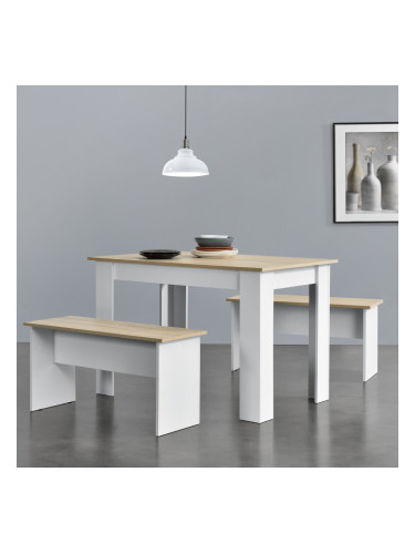 Table and Bench Set Hokksund 110x70 cm with 2 Benches White/Oak
