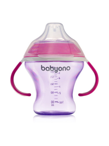 BabyOno Take Care Non-spill Cup with Soft Spout преходна чаша с дръжки Purple 3 m+ 180 мл.
