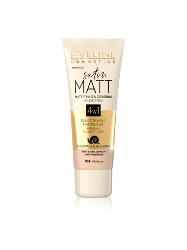 Eveline Cosmetics Satin Matt матиращ фон дьо тен с екстракт от охлюв цвят 102 Vanilla 30 мл.