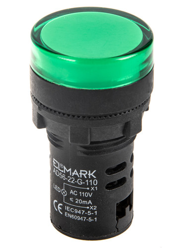 Индикаторна лампа LED, AD56D-22-R-110, ф22mm, 110 VAC, зелена, ELMARK