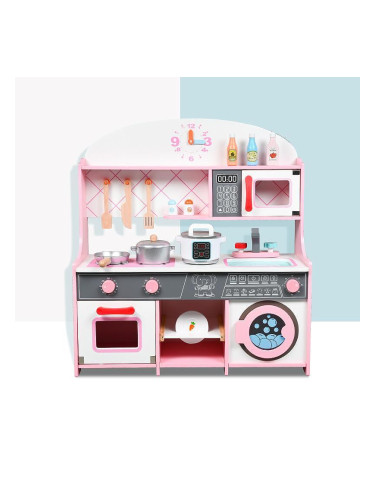 Детска дървена кухня с пералня и аксесоари, Голяма, Розова