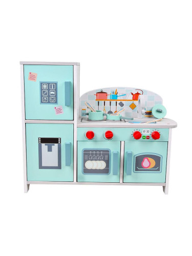 Детска дървена кухня с хладилник и аксесоари, Синя