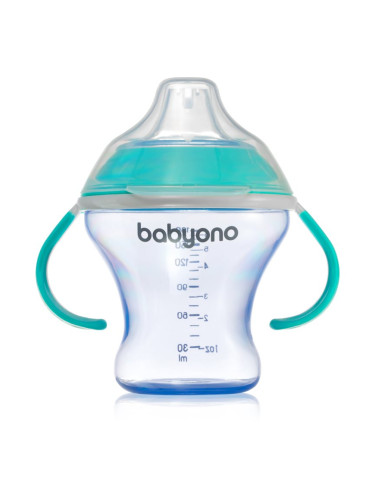 BabyOno Take Care Non-spill Cup with Soft Spout преходна чаша с дръжки Turquoise 3 m+ 180 мл.