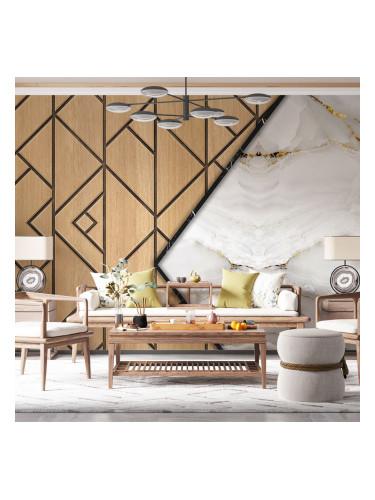 Фототапет - Дървен мрамор със златисти линии