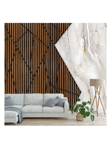 Фототапет - Дървен мрамор със златисти ленти 3