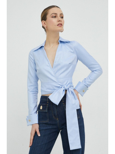 Памучна риза Elisabetta Franchi дамска в синьо със стандартна кройка с класическа яка