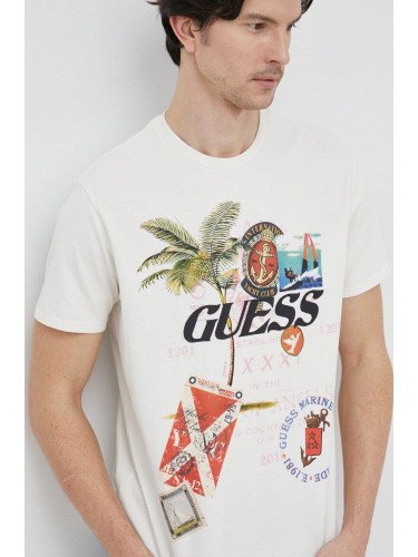 Памучна тениска Guess в бежово с принт