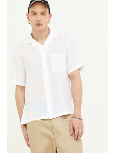 Памучна риза Abercrombie & Fitch мъжка в бяло със стандартна кройка