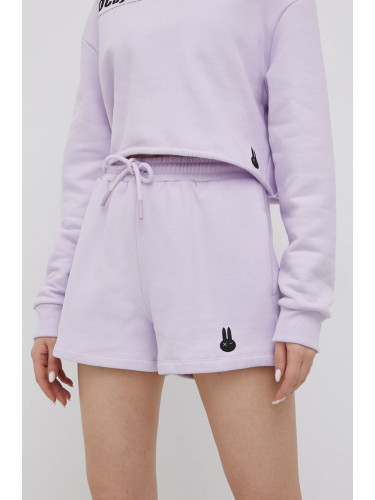 Памучен къс панталон OCAY дамско в лилаво с изчистен дизайн с висока талия