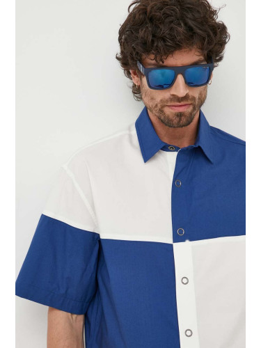 Памучна риза United Colors of Benetton мъжка в тъмносиньо със свободна кройка с класическа яка