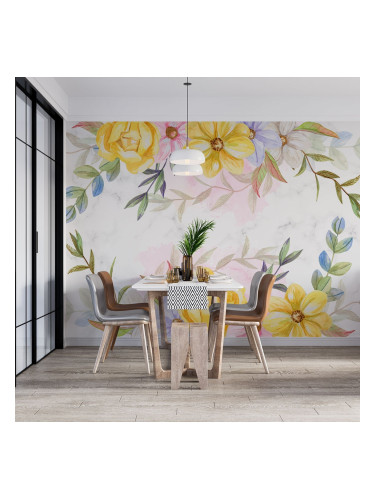 Фототапет Мраморна стена в цветя