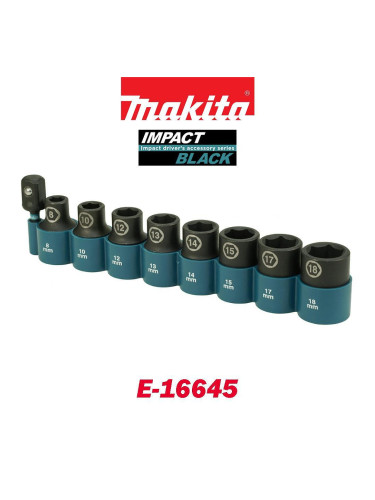 Комплект ударни вложки с адаптер, 1/2", 8-18 мм, 9 части, Makita E-16645 Impact Black