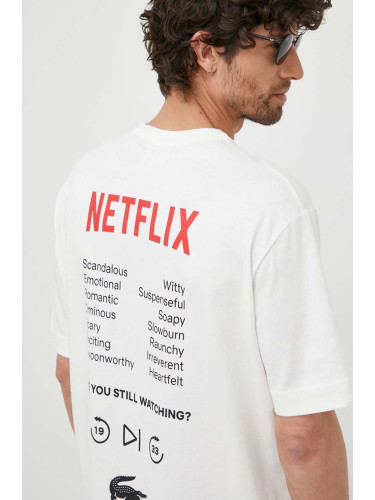 Памучна тениска Lacoste x Netflix в бяло с десен