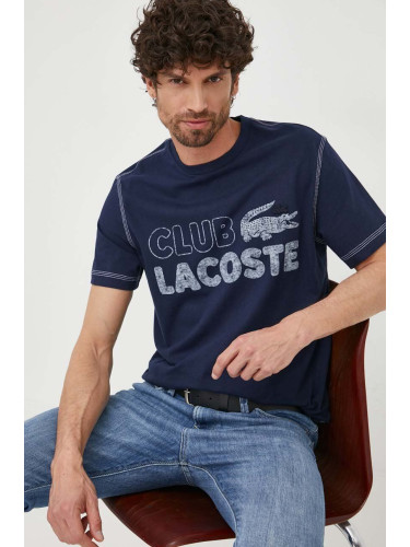 Памучна тениска Lacoste в тъмносиньо с десен