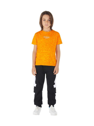 Детски памучен спортен панталон Guess в черно с десен