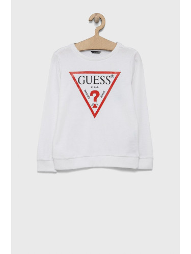 Детски памучен суичър Guess в бяло с принт