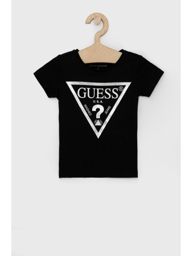 Детска памучна тениска Guess в черно