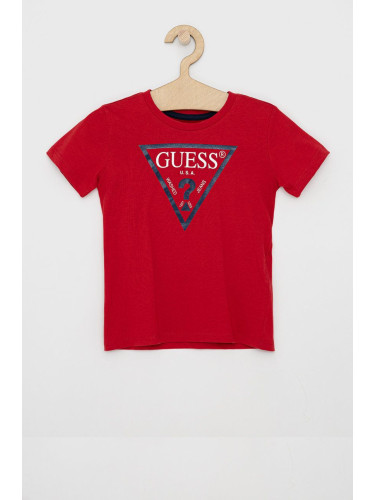 Детска тениска Guess в меланж на червено