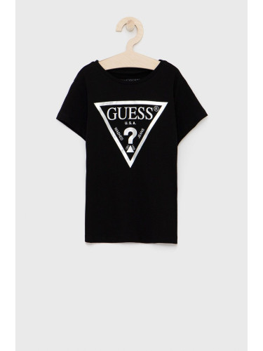 Детска памучна тениска Guess в черно