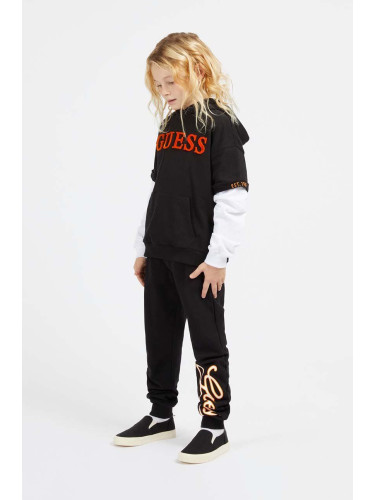 Детски памучен спортен панталон Guess в черно с десен