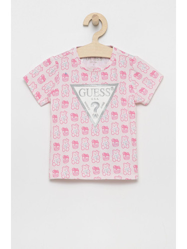 Детска тениска Guess в розово с принт