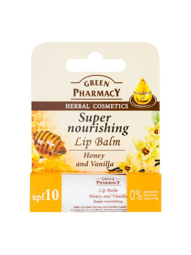 Green Pharmacy Honey Lip Balm подхранващ балсам за устни SPF 10 без силикони, парабени и оцветители  3.6 гр.