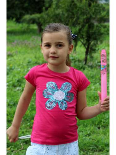 Детска тениска за момиче с цвете в циклама