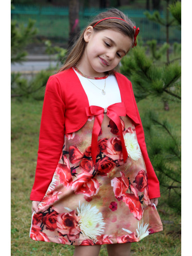 Детска рокля без ръкав с 3D ефектна картинка на цветя с болеро