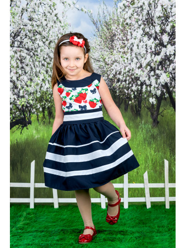Детска рокля райе Ягодка в тъмносиньо и бяло с ягоди