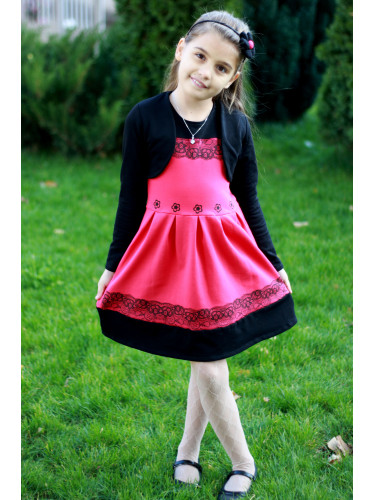 Ежедневна детска рокля в цвят малина с болеро в черно 