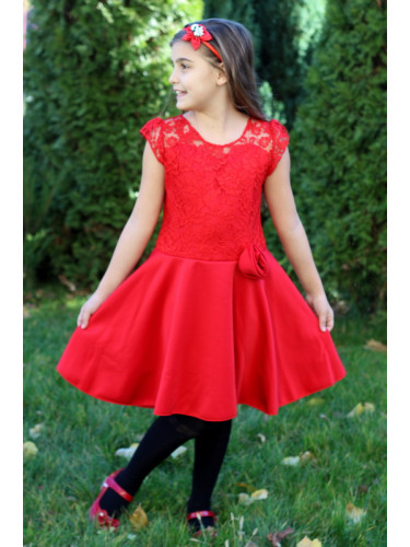 Официална детска рокля Ади с къс ръкав в дантела и неопрен в червено
