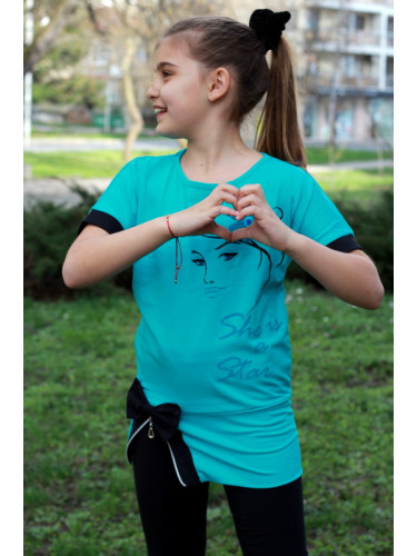 Детски комплект за момиче от туника с къс ръкав в синьо с клин 