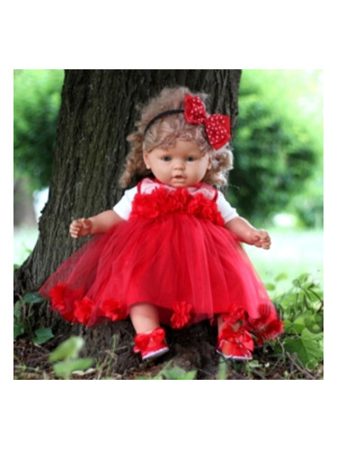 Официална детска/бебешка рокля с тюл в червено с 3D розички