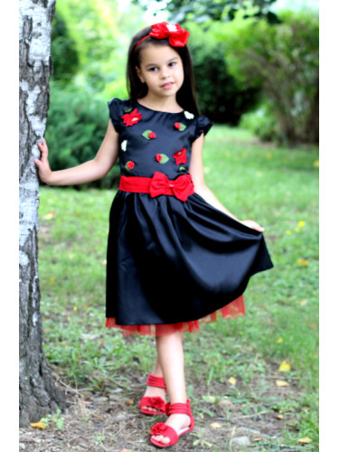 Официална детска рокля в черно с цветя в червено и коланче отзад