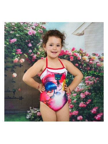 Детски цял бански в червено с Калинката и Черния котарак