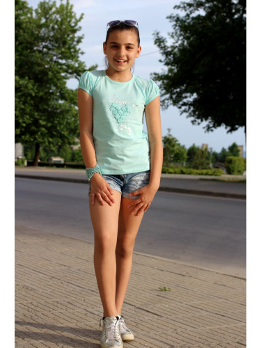 Тениска с къс ръкав в тюркоаз/мента със сърце