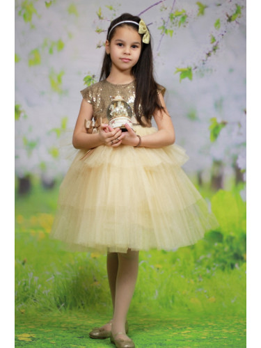 Официална детска рокля в златисто от пайети и тюл на пластове Хава