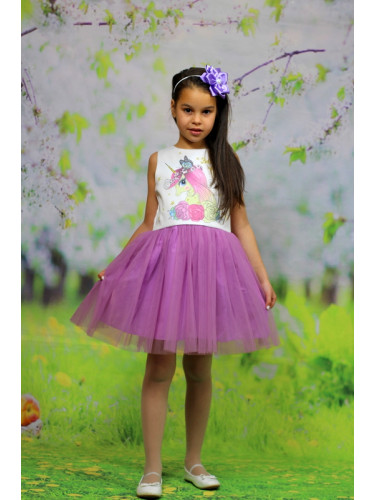 Детска рокля без ръкав с пони/еднорог и тюл в лилаво