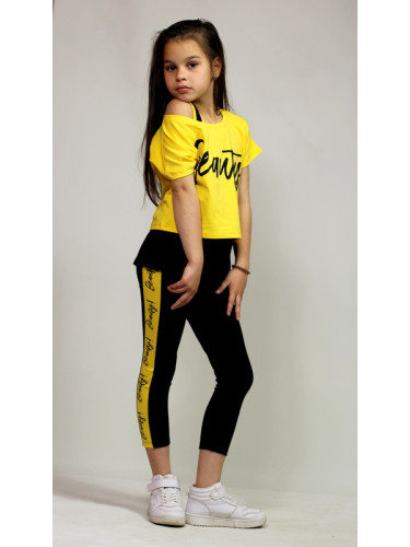 Детски летен комплект от 3 части с потник, тениска в жълто и клин в ч