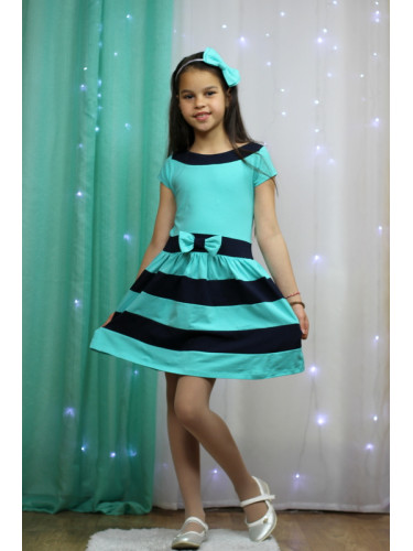 Лятна детска рокля с къс ръкав в тюркоаз/мента на райе