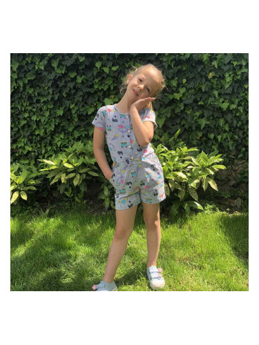 Летен детски гащеризон с къс ръкав на Еднорози в сиво