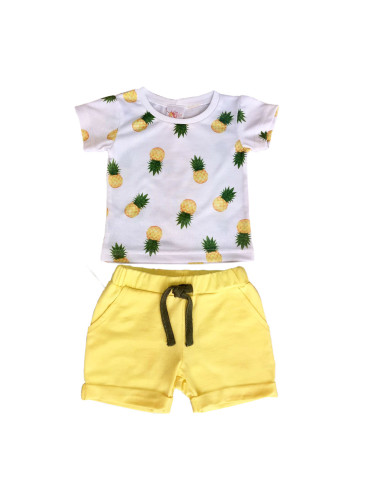 Летен детски/бебешки комплект от блузка в бяло с ананаси и къси панта
