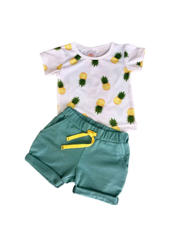 Летен детски/бебешки комплект от блузка в бяло с ананаси и къси пантал